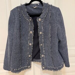 Chicos size 3 (16) Fringed Blue Tweed Collarless Blazer - Stunning fabric!